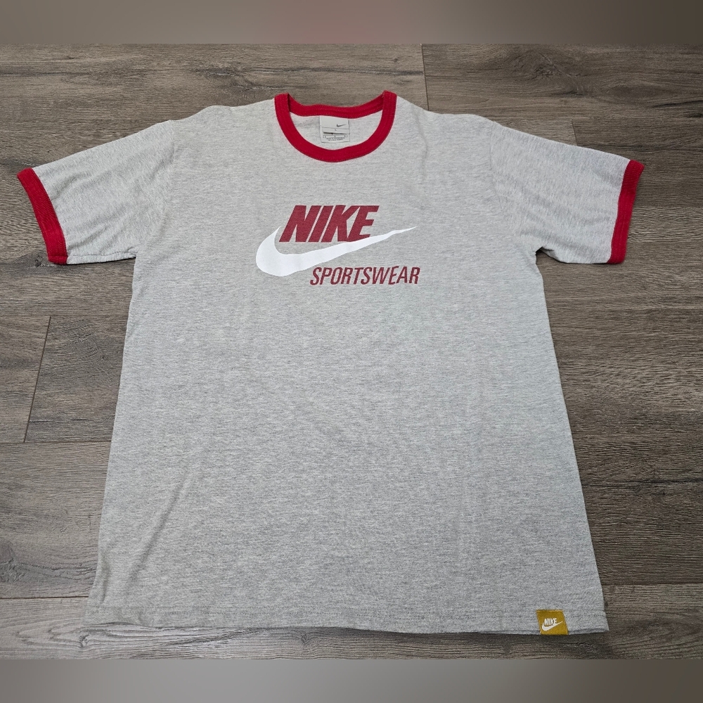 Nike Classic Ringer Big Logo Y2K Short Sleeve Mens Tee Size Large Grey Red